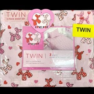 Deep Pocket Balloon-Pups Hearts 3-pc Twin Sheet Set Pink Red Pup Puppies Dog NIP